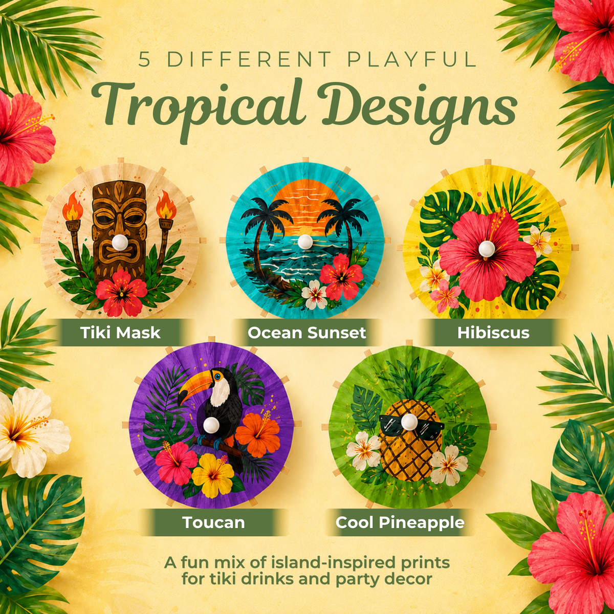 Cocktail Umbrellas for Drinks - Tiki Bar Paper Umbrella Picks