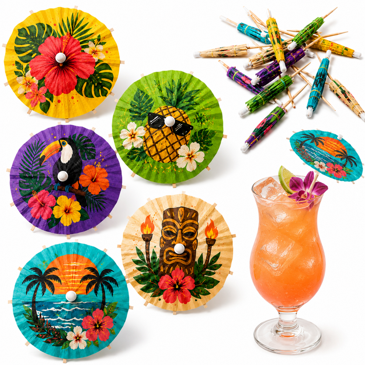 Cocktail Umbrellas for Drinks - Tiki Bar Paper Umbrella Picks