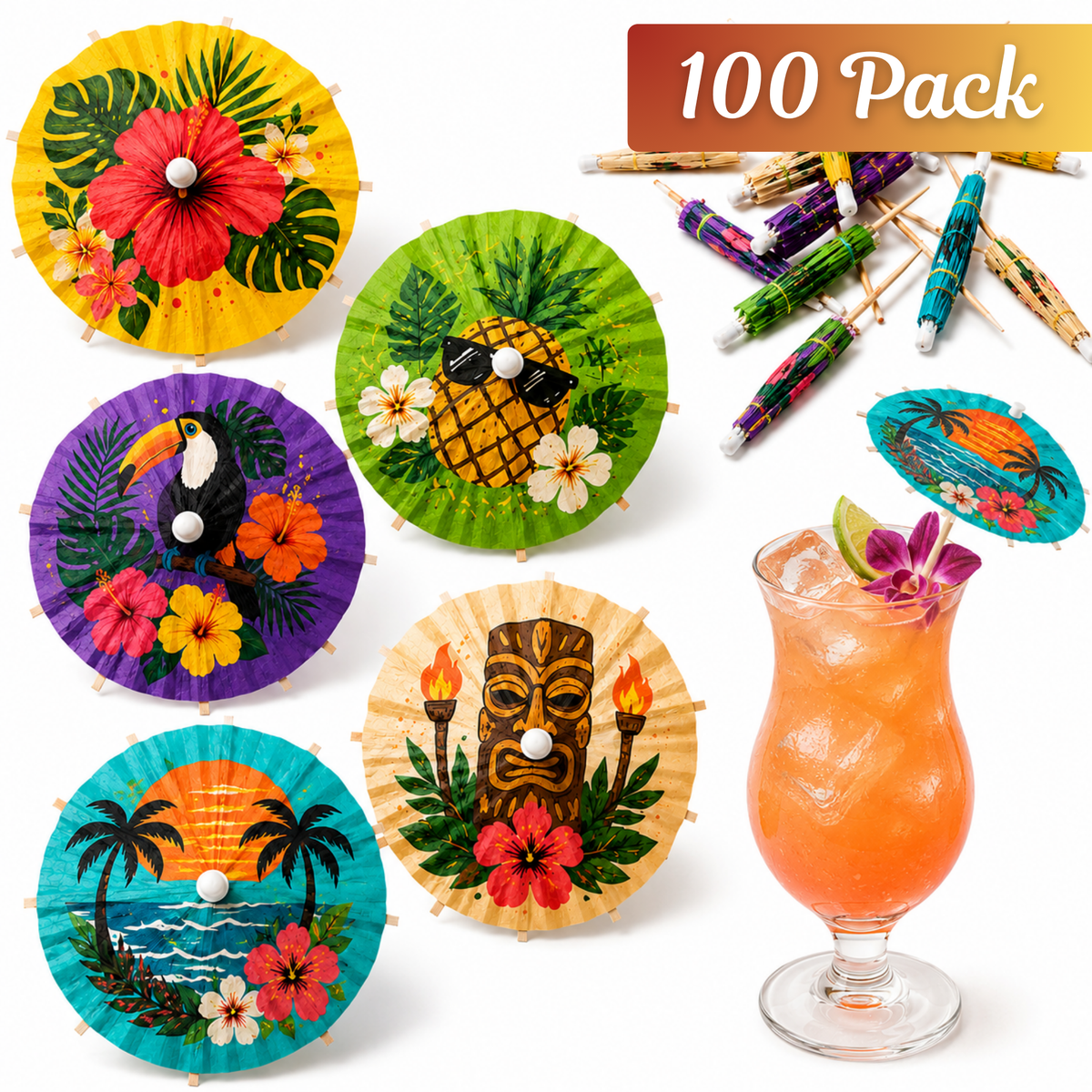 Cocktail Umbrellas for Drinks - Tiki Bar Paper Umbrella Picks