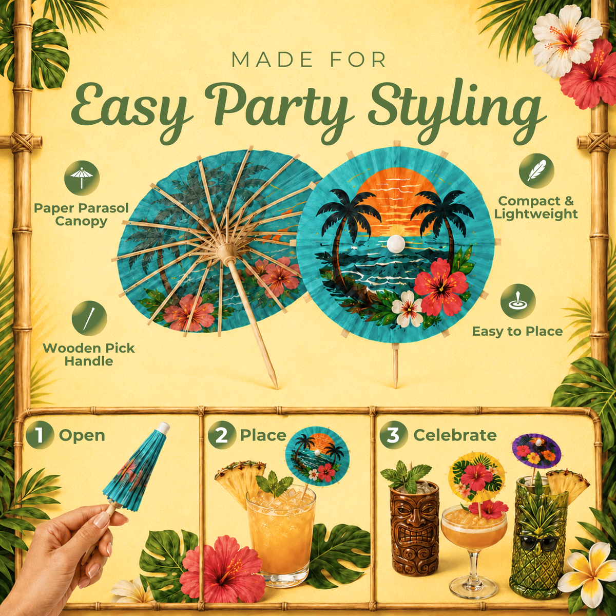 Cocktail Umbrellas for Drinks - Tiki Bar Paper Umbrella Picks