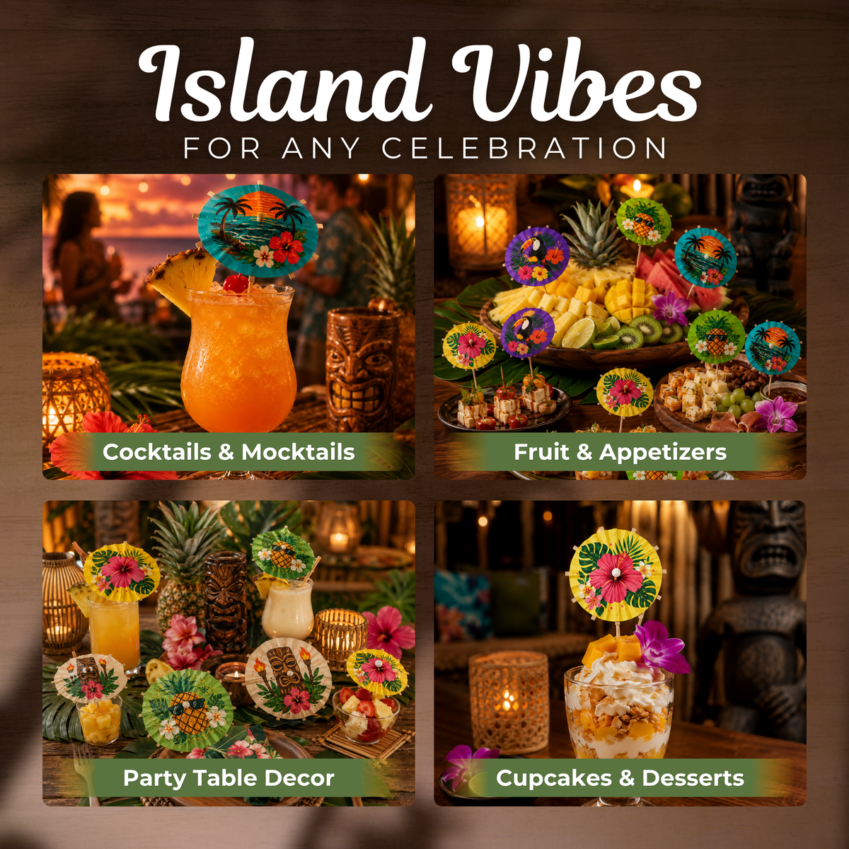 Cocktail Umbrellas for Drinks - Tiki Bar Paper Umbrella Picks